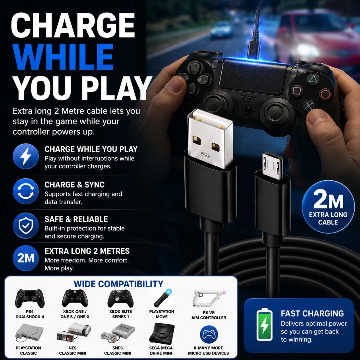 Dragon Trading Cable USB 2 m Carga Rápida para Mando PS4 DualShock 4 y Xbox One – Play & Charge, Largo y Resistente, Compatible con Carga en Modo Reposo