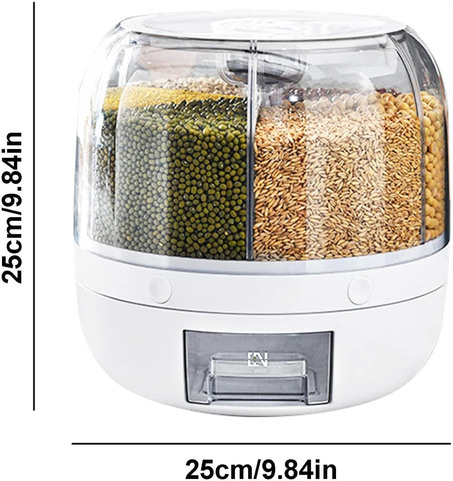 Contenitore per riso, girevole a 360°, grande capacità di 3,2 kg, 6 griglie, dispenser per alimenti rotante, visibile e rotondo, per cereali, snack, caramelle, chicchi di caffè, fai