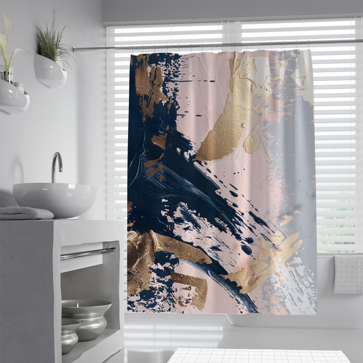 UIRINGART Shower Curtain W120xL180cm Water Repellent Mould Resistant Abstract Navy Blue Blush Pink Gold Foil Splatter Ink Washable Polyester Fabric Walk In Shower Wetroom Screen with Hooks