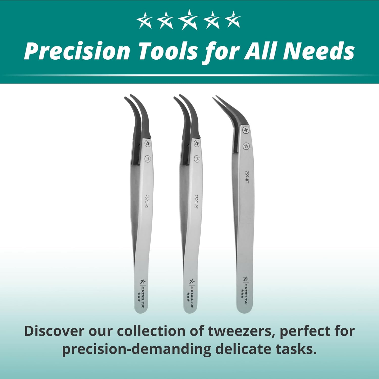 Excelta 759-RT Curved Carbofib ESD Safe Soft Replaceable Tip Tweezer, Carbon Fiber Tips, 5 Inch Overall Length, Surface Resistivity 10² ohms/sq, Professional