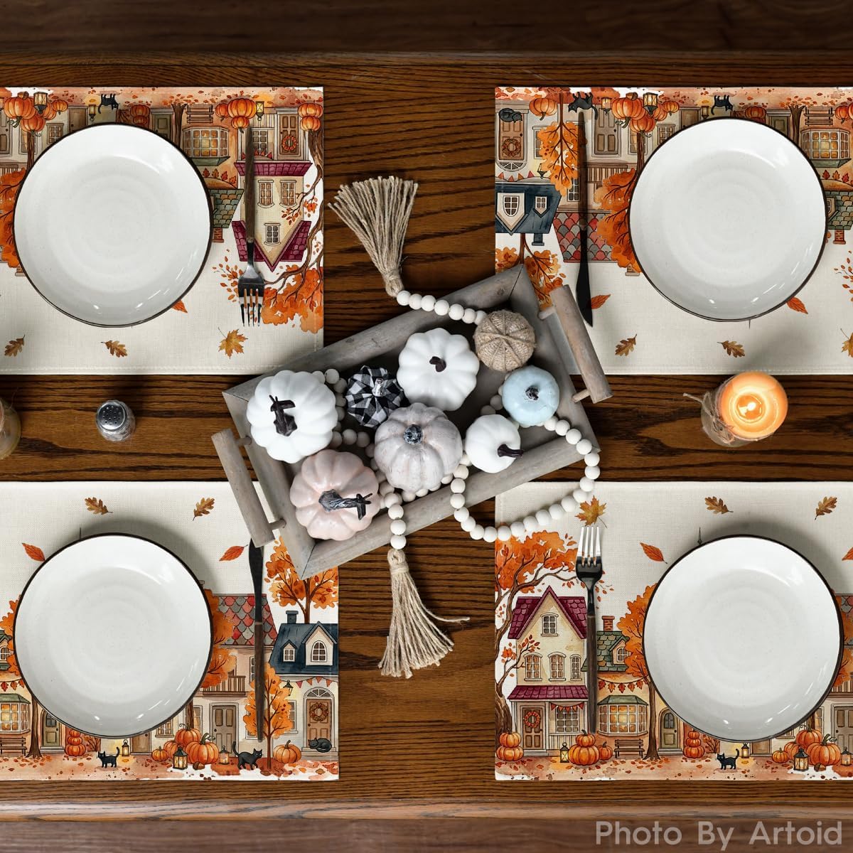 Artoid Mode Pumpkin House Tree Fall Placemats Set of 4-12 x 18 Inch