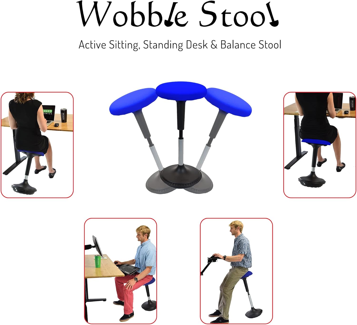 Hottest Sale WOBBLE STOOL Standing Desk Chair ergonomic tall adjustable height sit stand-up office balance drafting bar swiveling leaning perch perching high swivels 360 computer adults kids active sitting blue