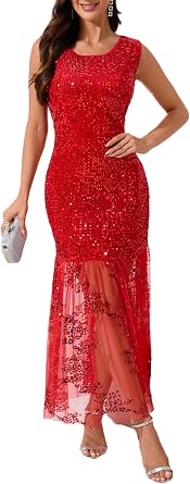 Women's Sequin Tulle Round Neck Sleeveless Gowns Ruffle Mesh Hem Evening Party Maxi Dress
