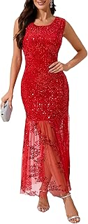 Women's Sequin Tulle Round Neck Sleeveless Gowns Ruffle Mesh Hem Evening Party Maxi Dress