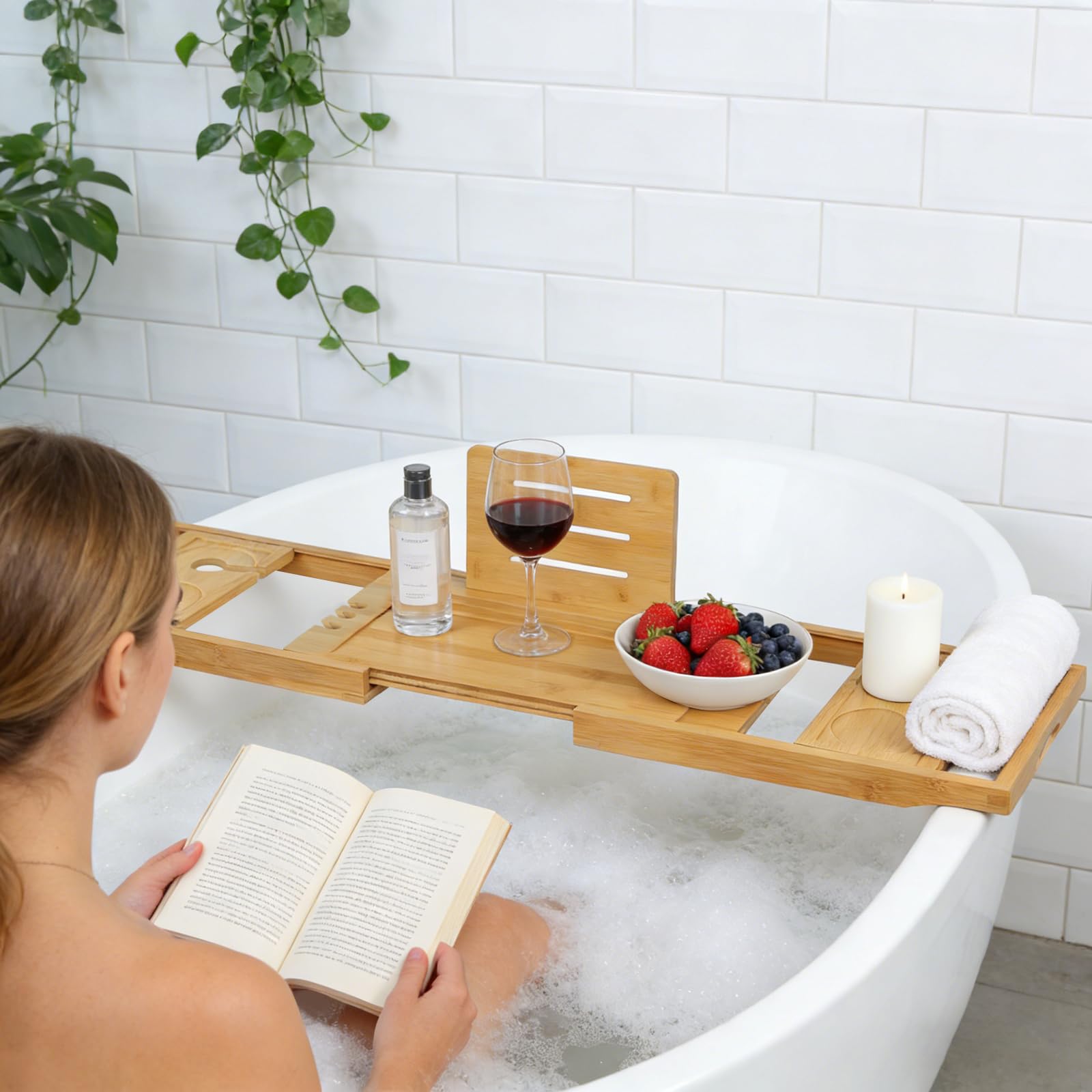 Bandeja extensible de bambú para bañera, ajustable, 70-91 cm de ancho, con soporte para bebidas, color madera natural