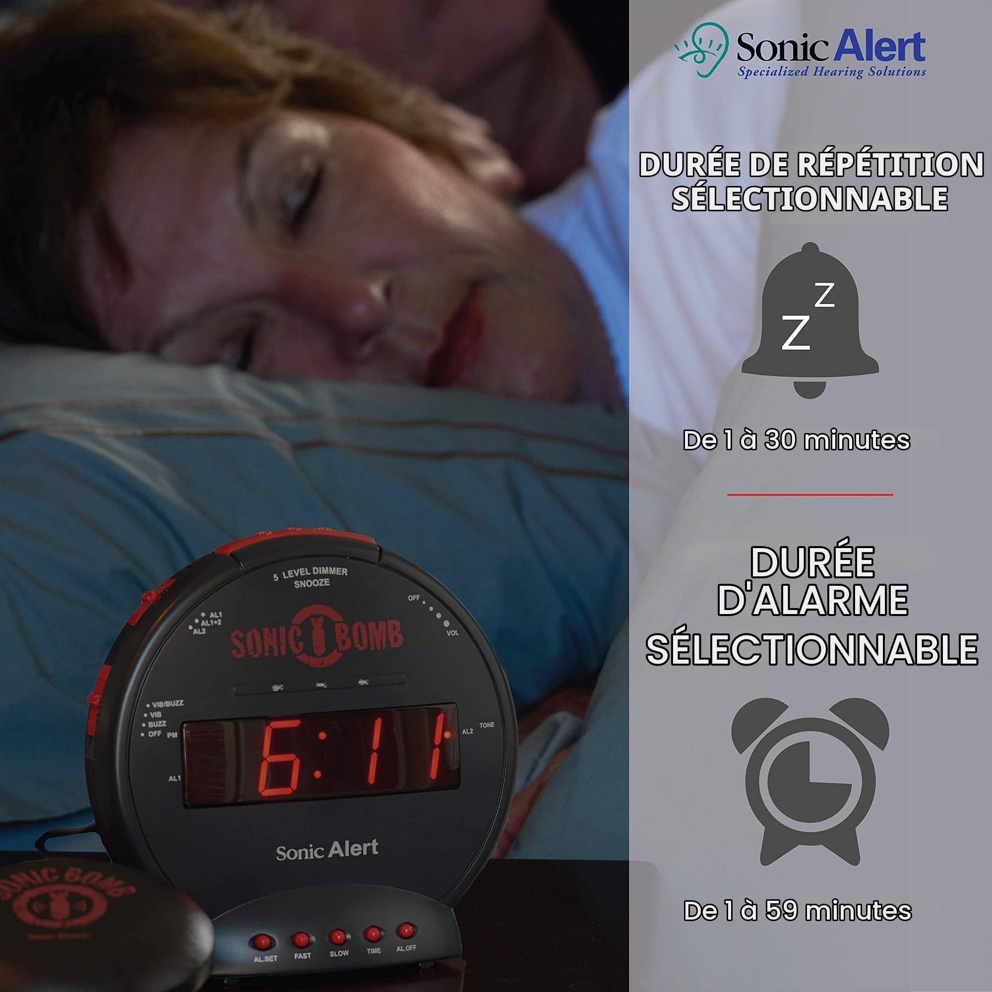 Geemarc Sonic Bomb - Réveil avec Alarme Super Puissante, Coussin Vibrant et Fonction Répétition de Sonnerie - Pour les Personnes Malentendantes et les Gros Dormeurs - Version FR