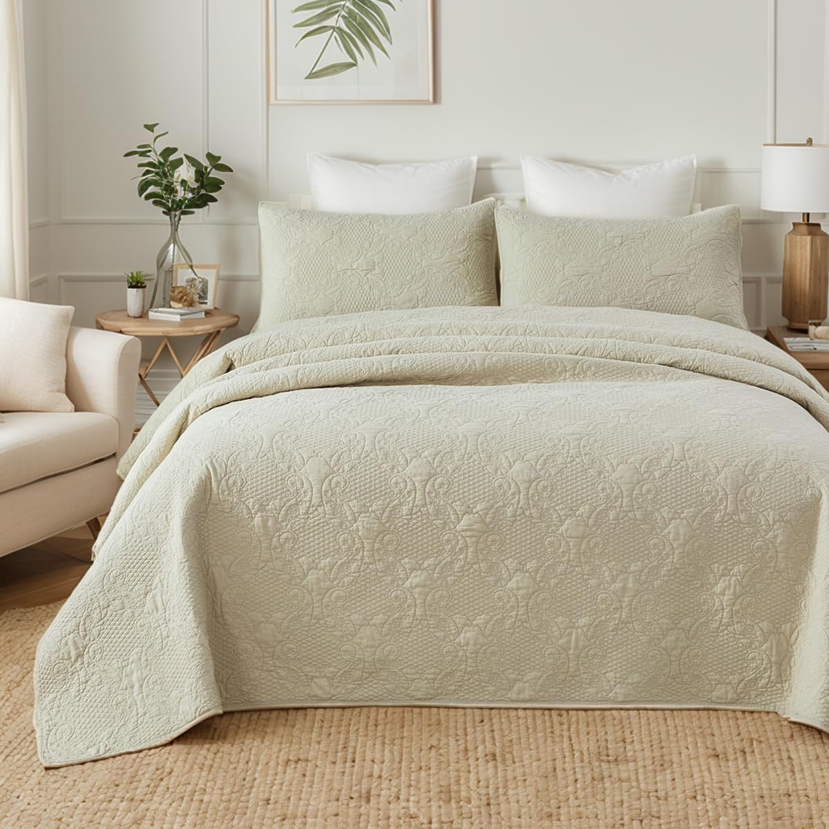 Brandream Beige Paisley Quilt Set Queen Size 100% Cotton Coverlet Set Vintage Stitching Heirloom Quilts Lightweight All Season Quilt Bedding Set 3-Piece