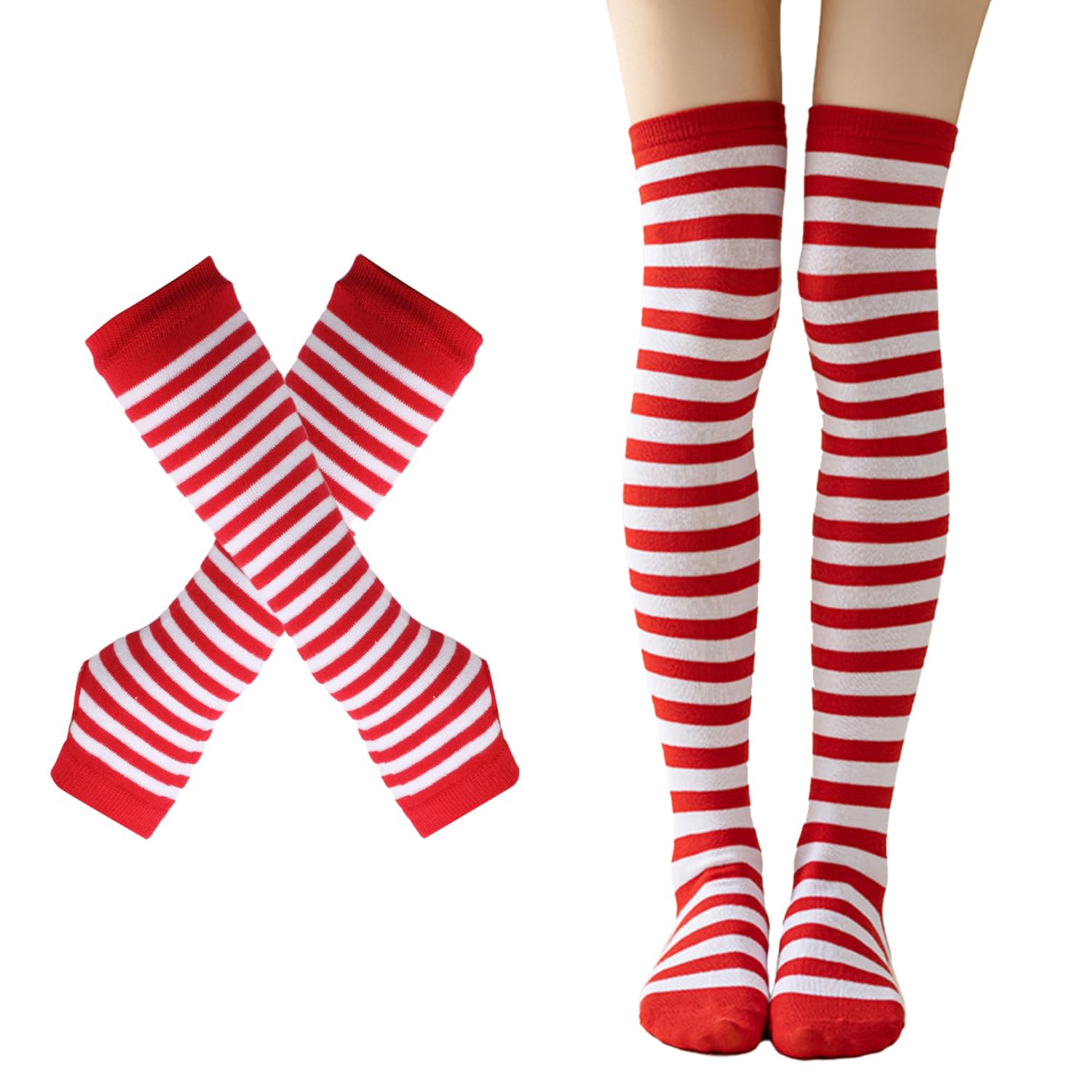 MEISH 4pcs Wally Costume Set Beanie Hat Glasses Red White Striped Stocking Gloves Striped Knee High Socks Cosplay Costume for Adult Halloween Party - Image 3