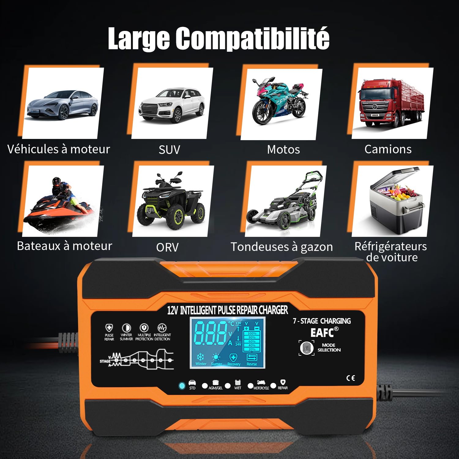 Chargeur de Batterie Voiture 12A 12V Intelligent, Maintien de Charge Batterie Voiture pour Batterie au Plomb, STD, AGM, Gel, SLA, Moto, Câble 2 m, Commande Tactile, Compensation de Température
