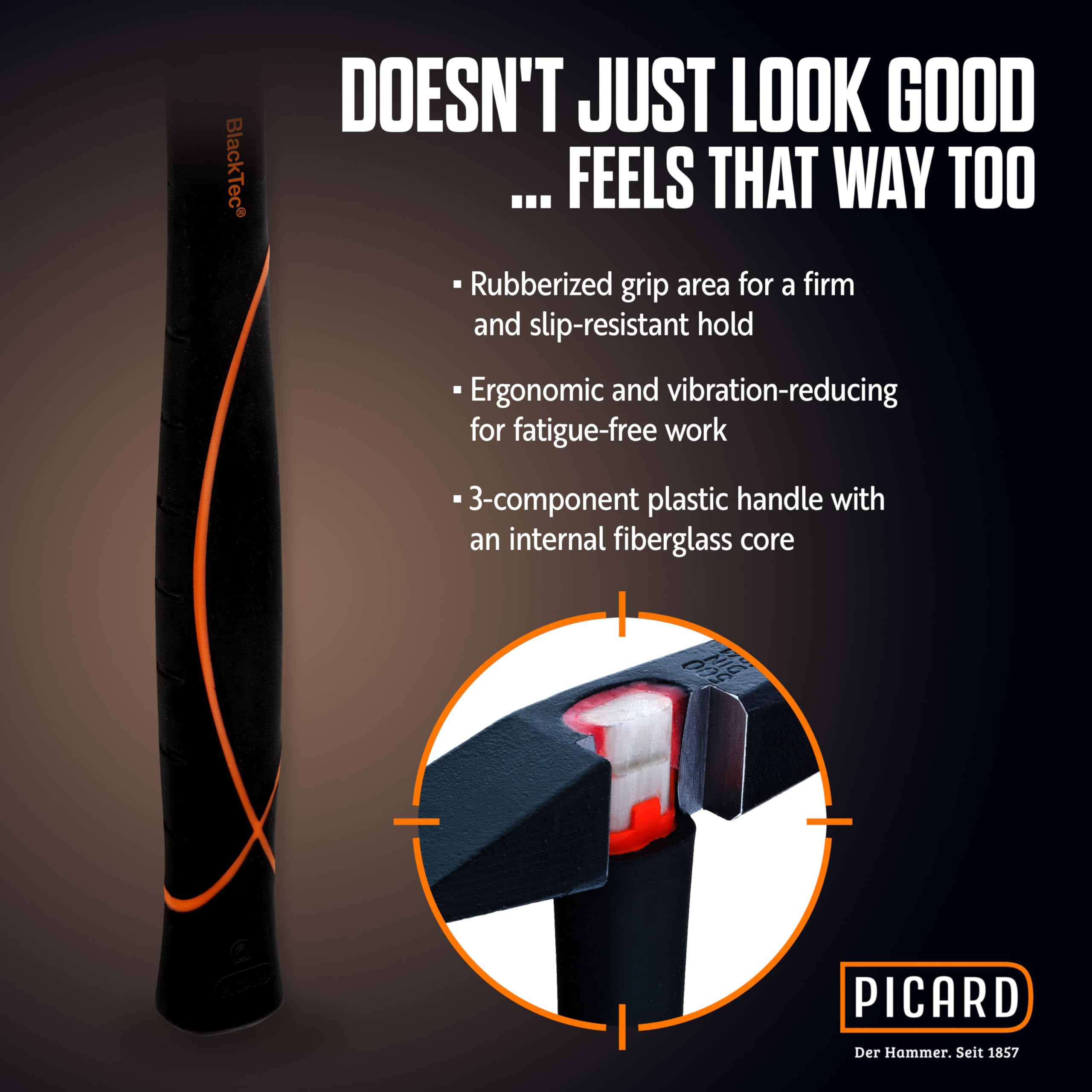 PICARD martello da fabbro BlackTec® n. 327 FS 300 g | Martello professionale con manico a 3 componenti e nucleo in fibra di vetro | Hammer tedesco antiscivolo e resistente alla corrosione