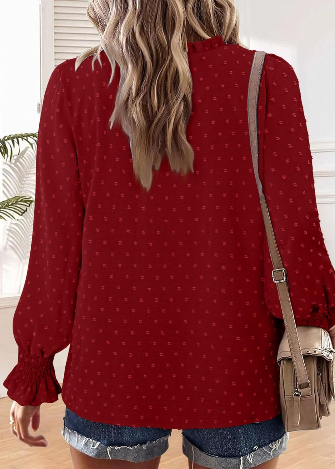 BETTE BOUTIK Women Boho Long Sleeve Shirts Dressy Casual V Neck Fall Fashion Tops Swiss Dot Flowy Blouses - Image 5