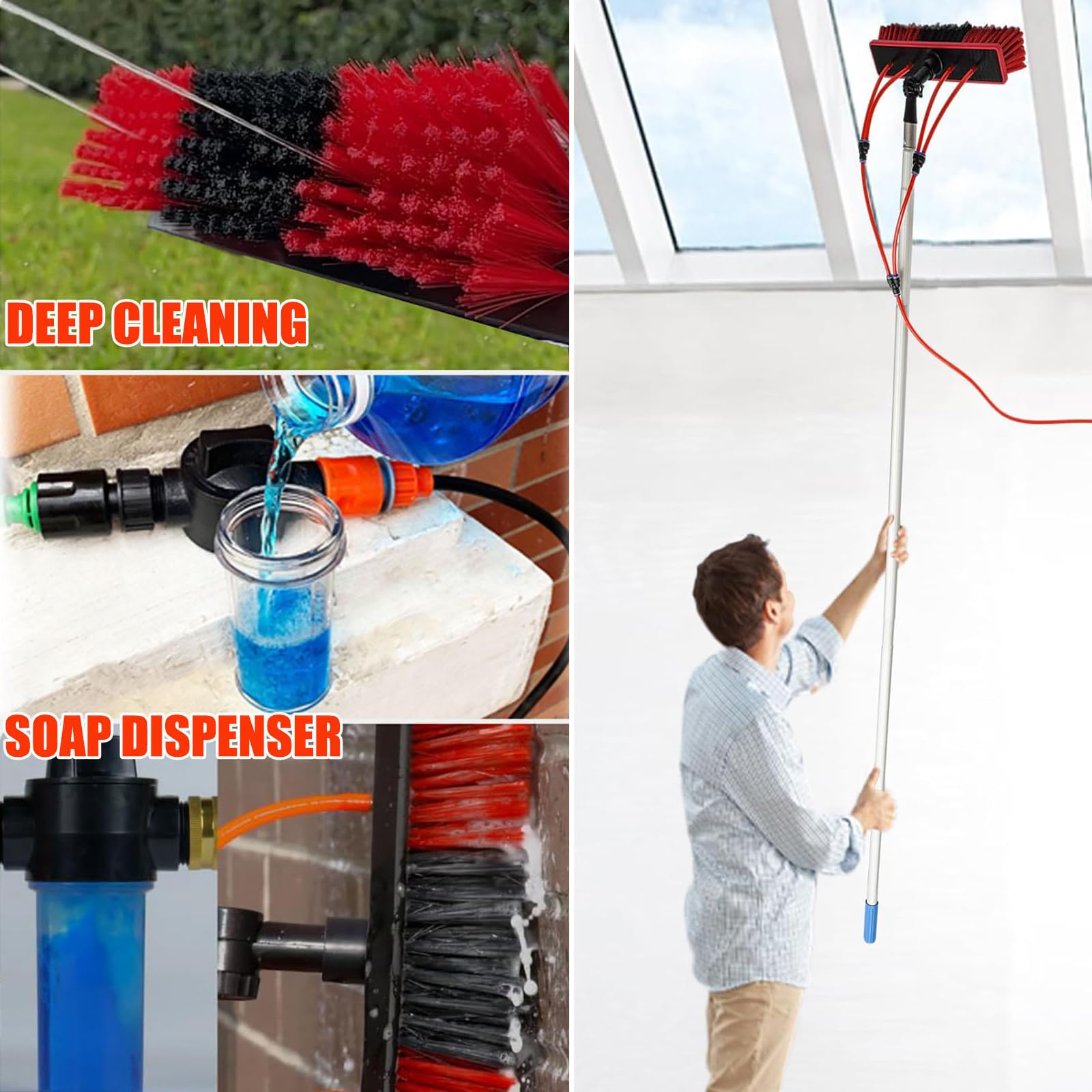 Genérico Cepillo telescópico para Ventanas (3 m - 13,6 m), Extensible, con Tubo de alimentación de Agua, ángulo Ajustable y dispensador de jabón. Conector de Manguera común para Paneles Sol