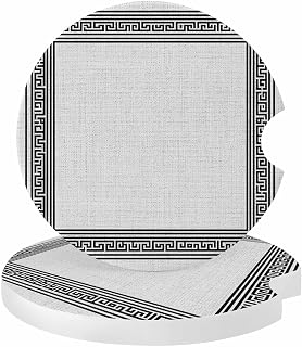 Black Gray Retro Greek Key Car Coasters for Cup Holders Set of 2 Greece Ancient Rustic Geometric Absorbent Ceramic Coaster with Cork Base and Finger Notch 2.6" Drink Mat Auto Decor Accessories
