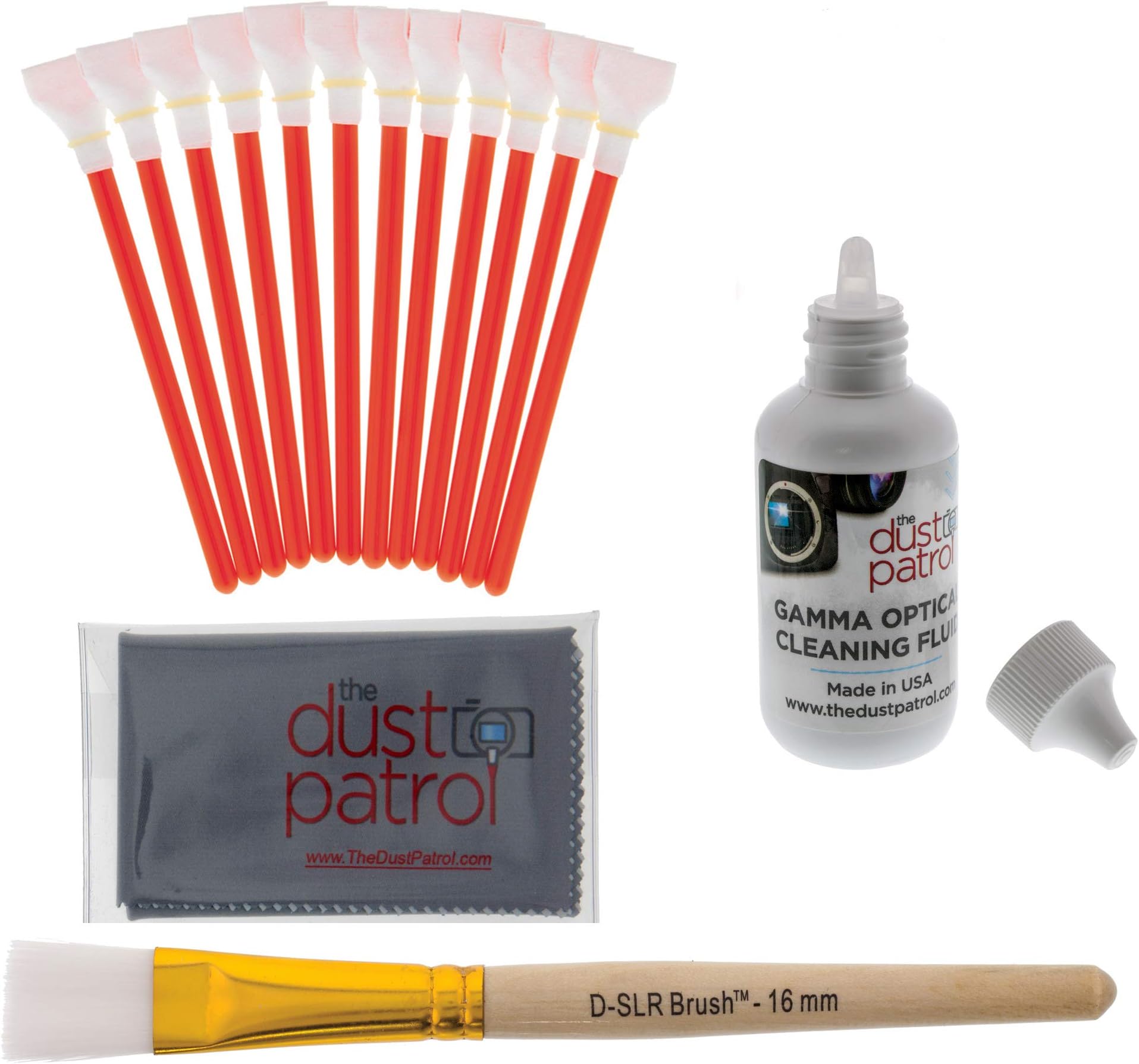 Digital camera cleaning kit with the dust patrol sensor swabs, alpha and the dust patrol gamma sensor cleaner, the kit also includes the dust patrol D-SLR brush, for photo enthusiasts