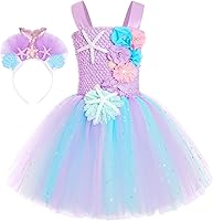 Vista 14 de Koatobbor Disfraz de sirena para niñas, vestido de tutú de sirena, color LED, para Halloween, fiesta de cumpleaños, 3 a 8 años Blanco Led-púrpura
