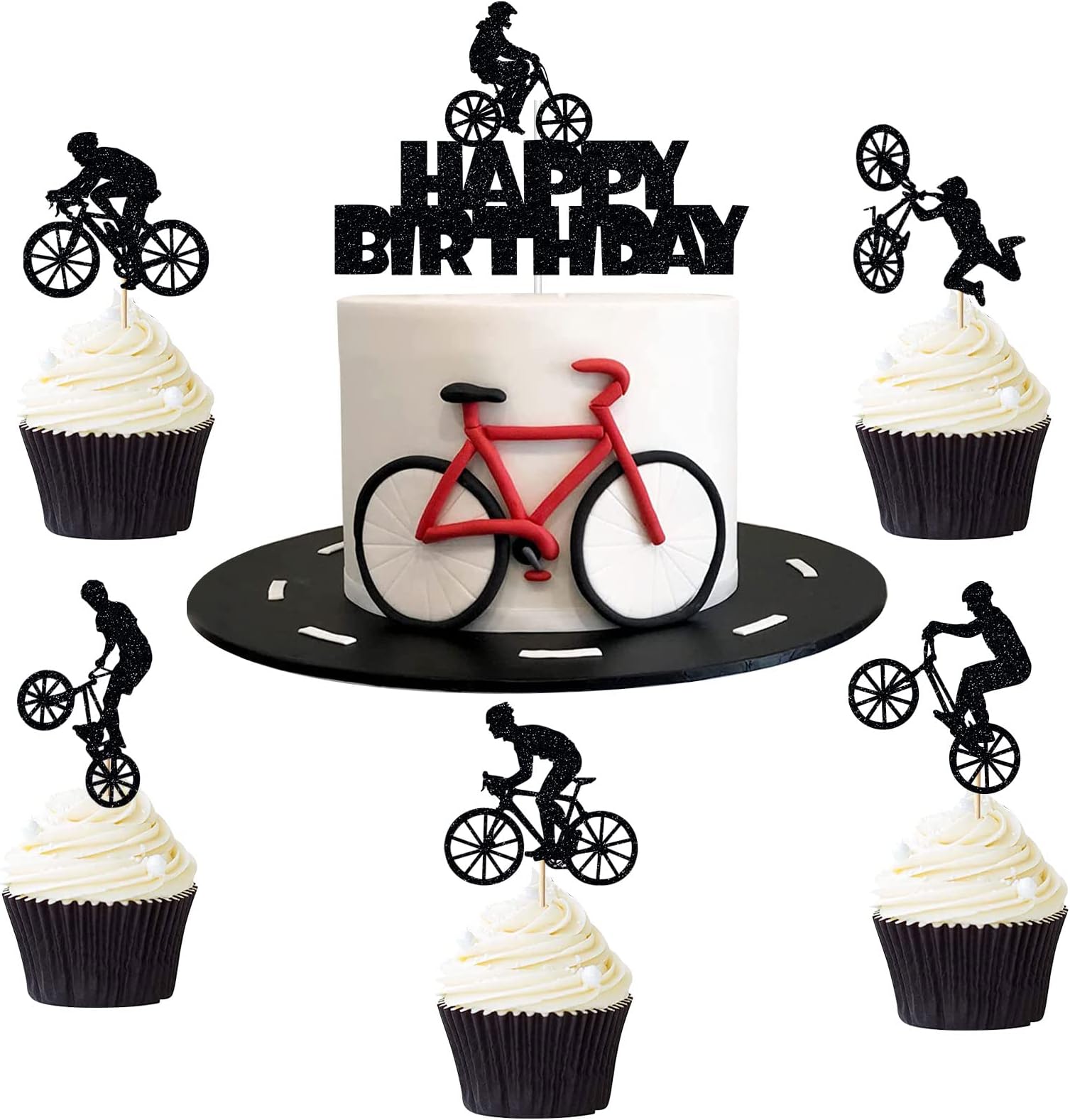 26 Pieces Bicycle Cake Topper Happy Birthday Cycling Cake Decoration Black Glitter Bike Cupcake Topper for Bicycle Themed Birthday Party Supply for Him, Son, Boys, Dad, Grandad, Kids