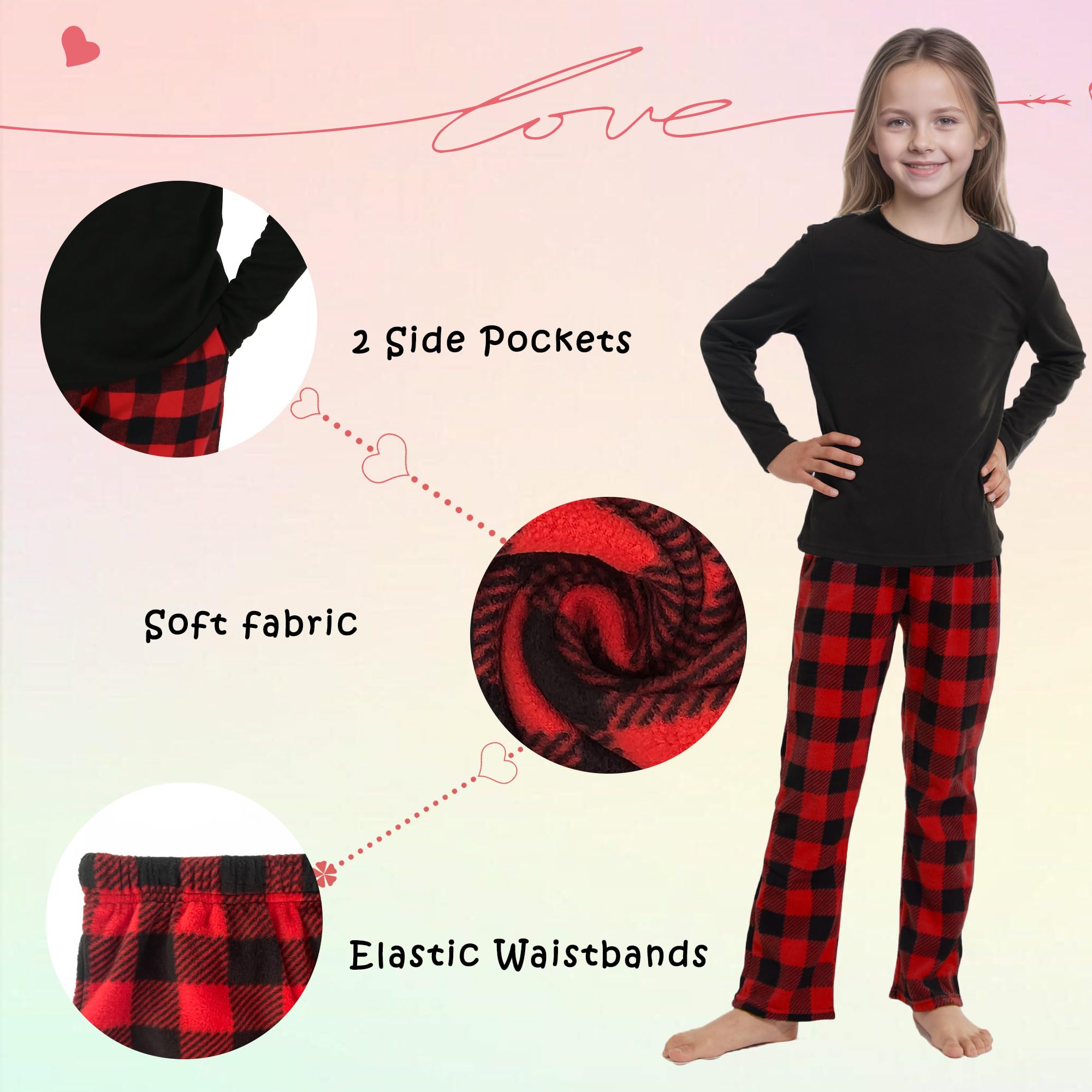 Mädchen Jungen Schlafanzughose Lang Elastische Taille Pyjamahose Kinder Kariert Freizeithose mit 2 Taschen Schlafanzüghosen 7-13 Jahre