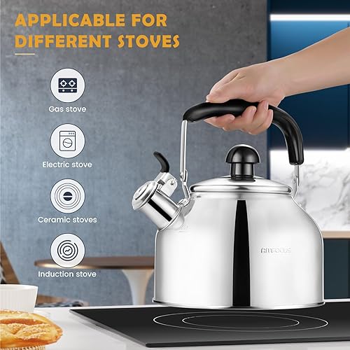 Miniatura 4 de AMFOCUS Tetera de té con silbido, 2.64 cuartos de galón de acero inoxidable de grado alimenticio con mango plegable de agarre fresco, caldera de