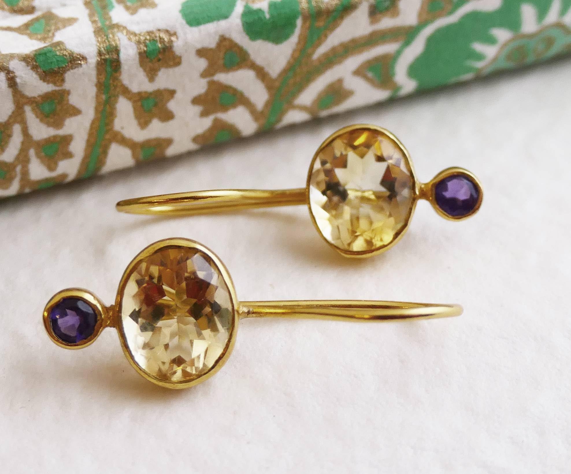Orecchini in Argento Sterling Placcato Oro con Citrino e Ametista | Gioiello Elegante con Pietre Naturali per Look Raffinati e Luminosi