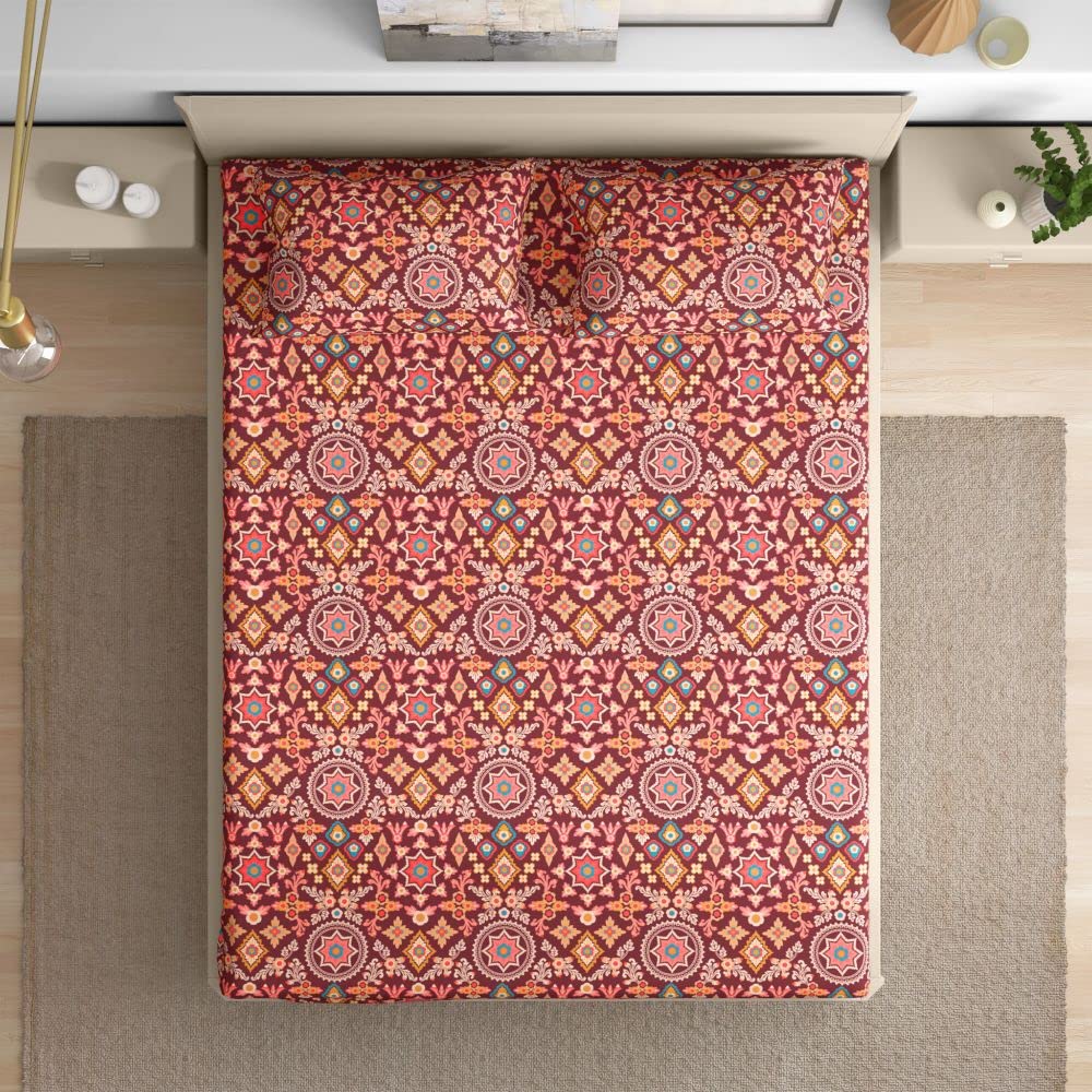 Wakefit Cotton Fitted Bedsheet | 200 TC Elastic Fitted Sheet, King Bed Bedsheet with 2 Pillow Geometric Covers | Hibiscus - 78X72 Inches, Multicolor