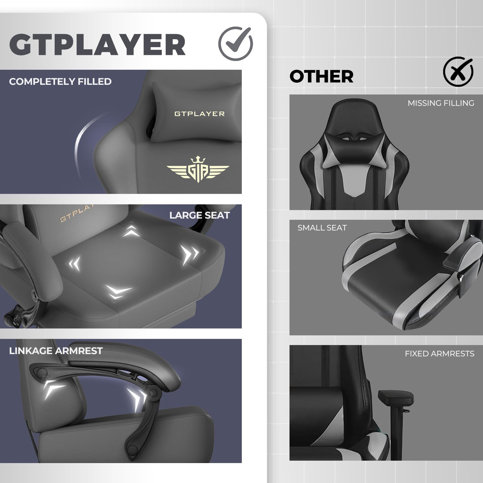 GTPLAYER Silla para Juegos, Silla de Oficina Transpirable, Silla ergonómica de PC, Tela, Respaldo Ajustable 160° y reposapiés Extensible, ergonómica, Cuero sintético, Carga 180 kg, Gris