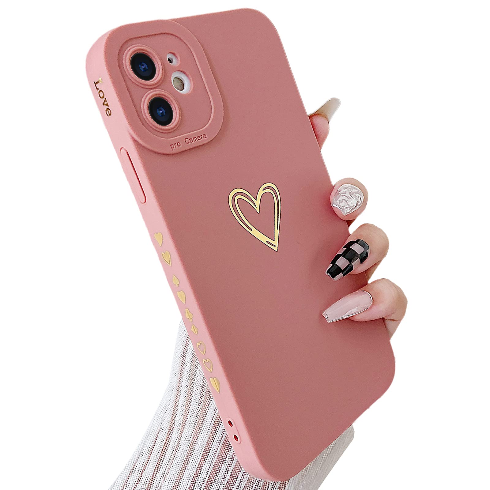 SmoBea Compatible with iPhone 11 Case, Gold Heart Pattern Soft Liquid Silicone Shockproof Case for Women Girls Side Cute Plated Heart Pattern Slim Phone Case (Pink)