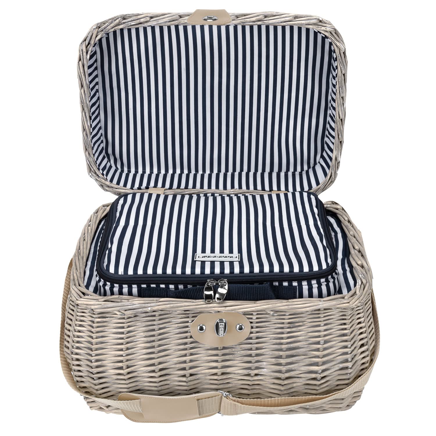 anndora Picknickkorb Shabby helle Natur Weide - mit Isolierfach herausnehmbar blau gestreift - inkl. Zubehör 21 Teile - 4 Personen - Tragegurt