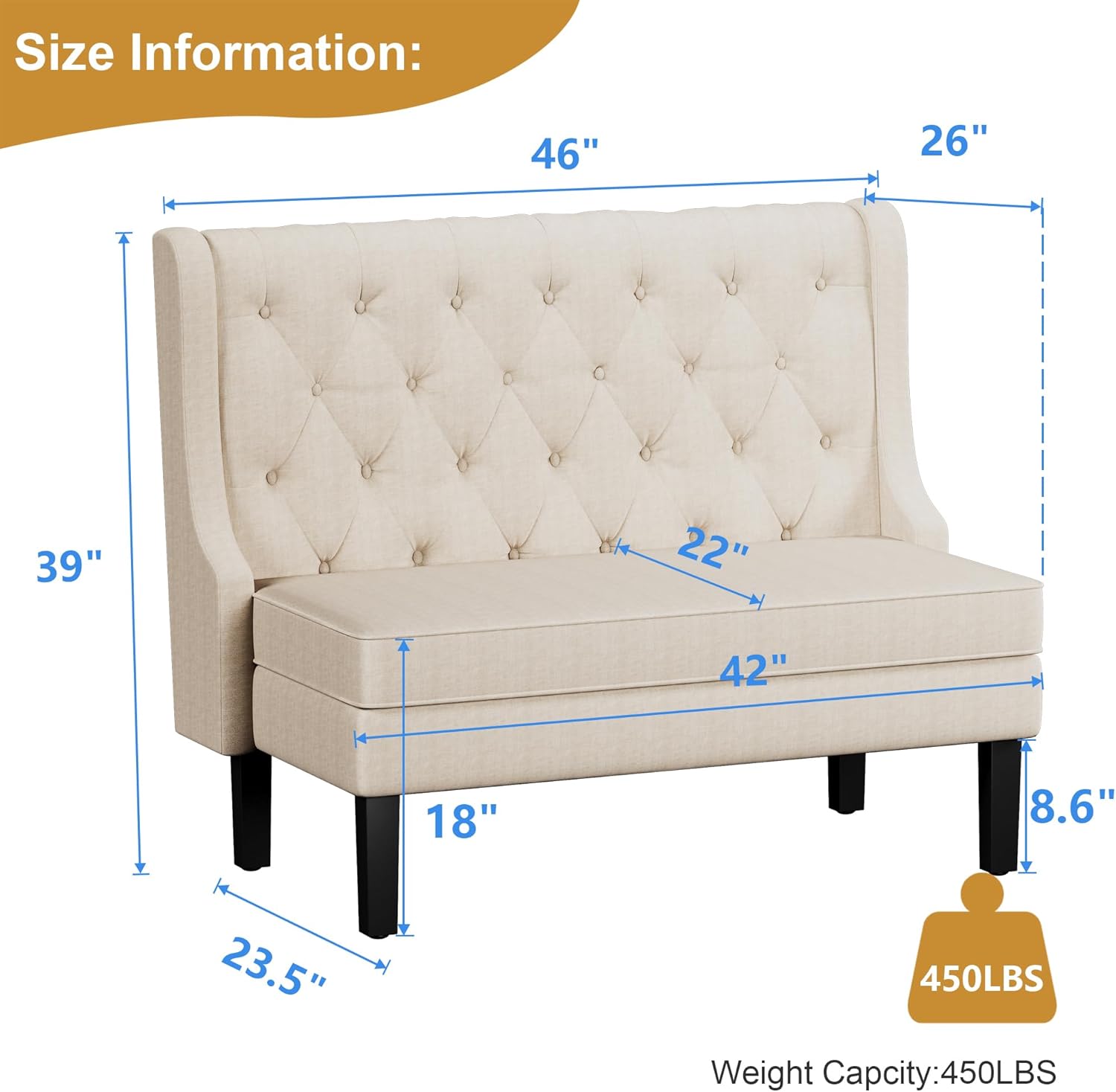 Andeworld Modern Tufted Button High Back Upholstered Settee Loveseat for Dining Living Room Hallway or Entryway Seating,Beige