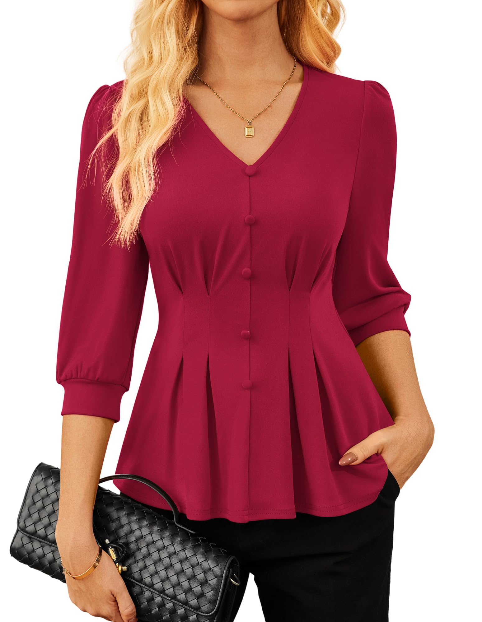 GRACE KARIN Bluse Damen Elegant Rüschen Tops Business Arbeit Büro Outfits | V-Ausschnitt,Dreiviertel-Puffärmel,Strickstoff mit Stretch,Zierknöpfe,Schlupfmodell,Feste&Büro&Freizeit