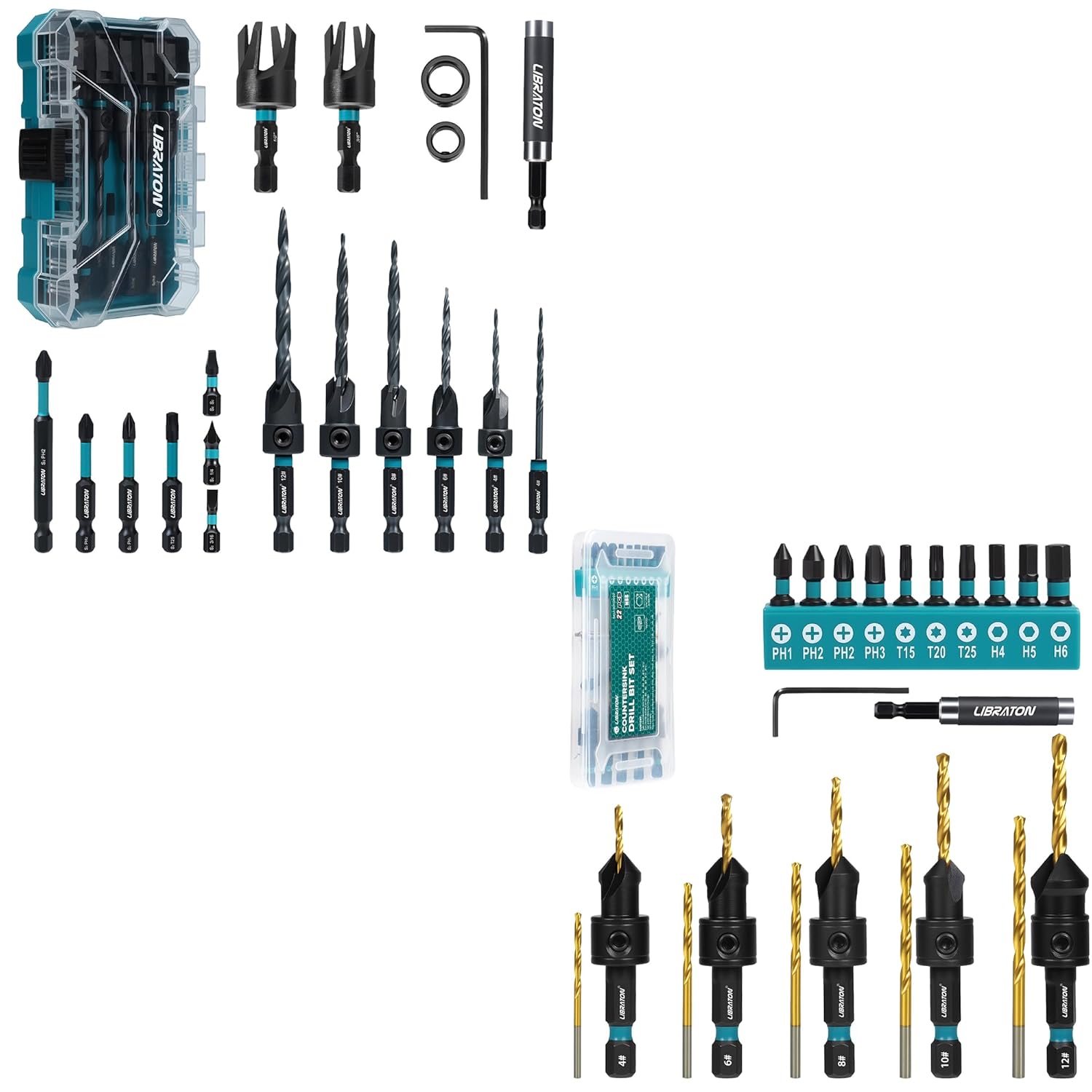LIBRATON 41 PCS Countersink Drill Bit Set for Woodworking with Wood Plug Cutter Screwdriver Bits