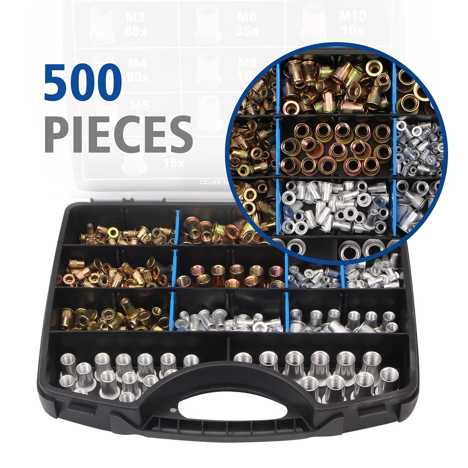 CCLIFE 500 Pezzi rivetto filettato in acciaio,M3 M4 M5 M6 M8 M10 Rivetto a Testa Piatta dadi rivetti Con scatola di immagazzinaggio