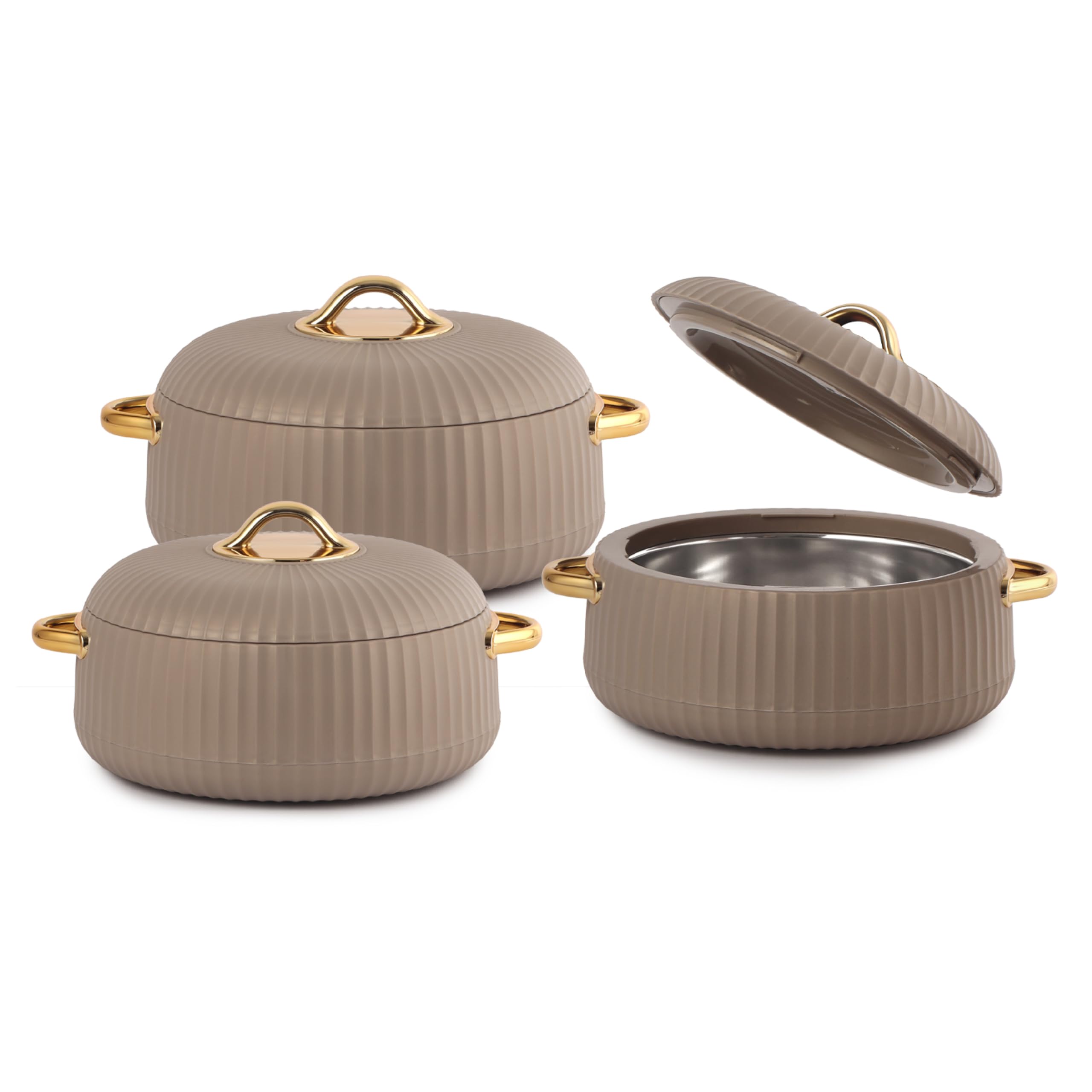 Cello Aurum Luxury Inner Stainless Steel Insulated Hot-pot (Set of 3-1000ml x 2, 1500ml x 1) Beige | Easy Grip Lid & Frim Twist Lock | BPA-Free, Durable, Suitable for Hot & Cold | Hot Box for Kitchen-picture-13