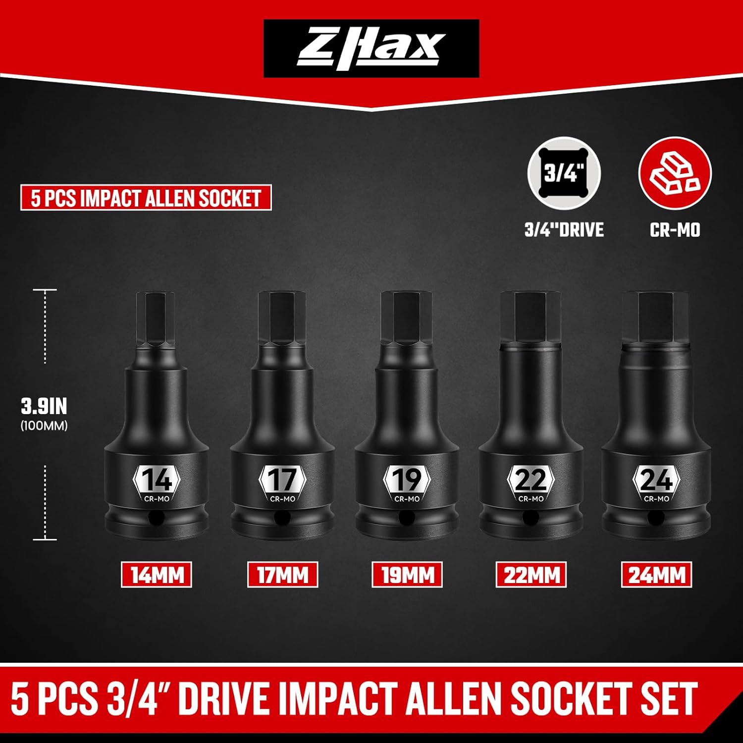 zhax 3/4 Inch Drive Impact Allen Socket Set, 14mm, 17mm, 19mm, 22mm, 24mm Metric Hex Bit Socket, 5-Piece, Master Impact Grade Cr-Mo Steel With Heavy Duty Storage Case