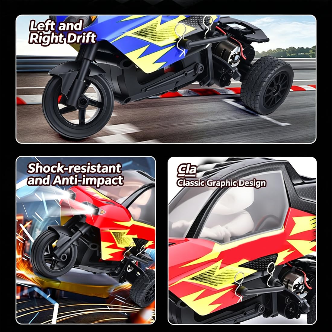 1/8 RC Trike 2.4GHz 3WD Elektro Dreirad High Speed Fahrzeug 370 Motor LED Beleuchtung Wasserdicht Lange Fahrzeit(Blau)