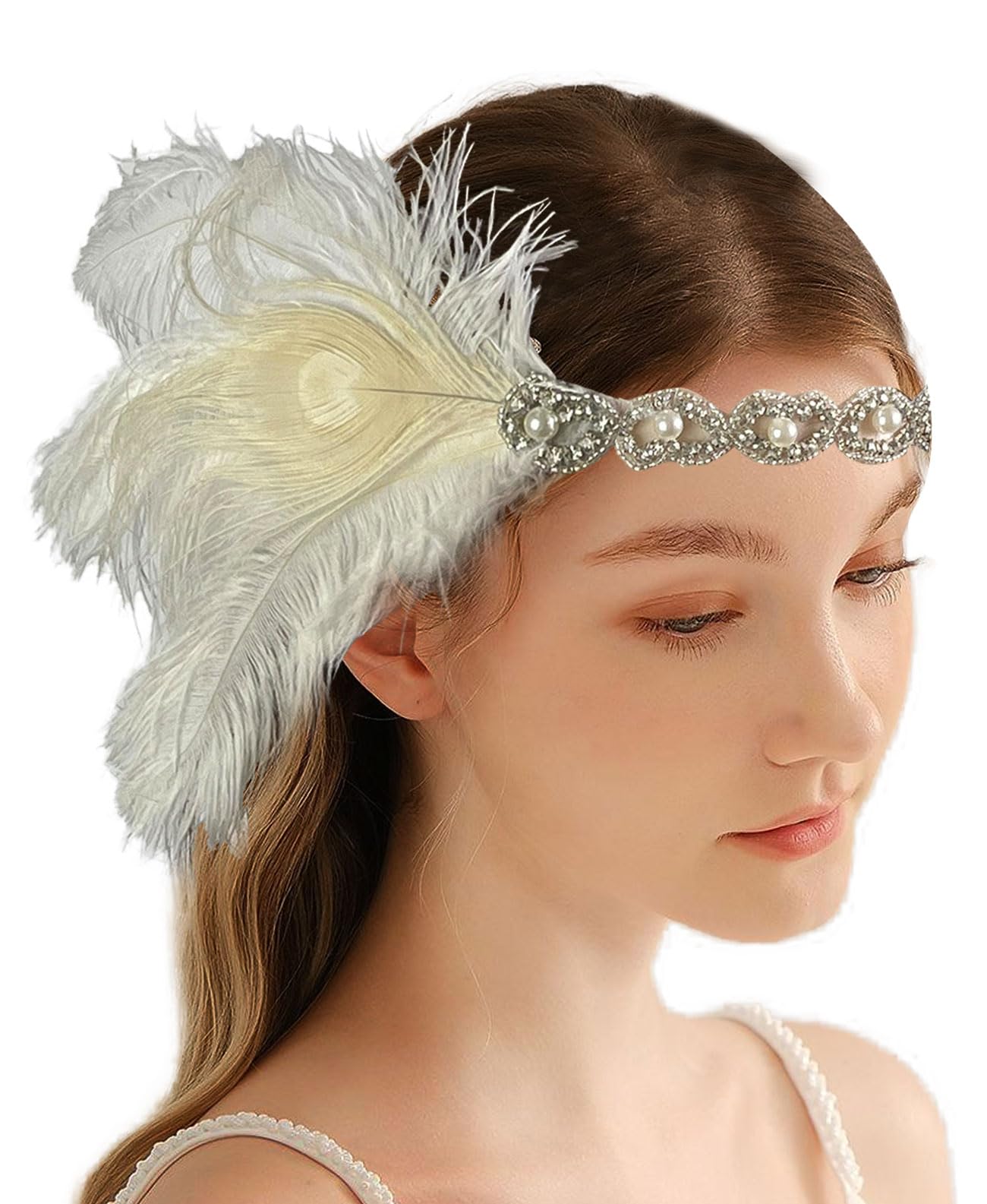 changyexi 1920s Headband White Feather Flapper Headpiece for Women, Roaring 20s Great Gatsby Hair Accessories, Pearl and Rhinestone Detailing