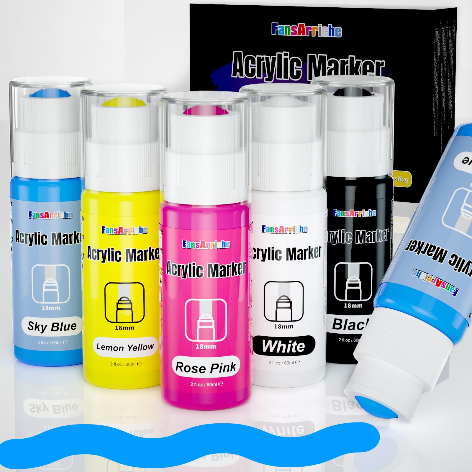 FansArriche Acrylic Marker, 5 Colour 18 mm Acrylic Pens Jumbo, Waterproof Acrylic Marker Acrylic for Art, Canvas, Metal, Paper, Stone, Acrylic Marker, Permanent Ink for Durable Labels