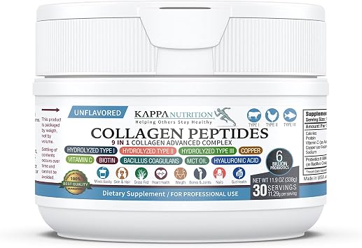KAPPA NUTRITION Collagen Type I, II, III, 6 Billion Probiotic Acid Resistance, Hyaluronic Acid, Vitamin C, Biotin, Copper and MCT Oil, Beautiful Hair, Nails, Skin, Collagen Peptides 9 in 1 11.9oz