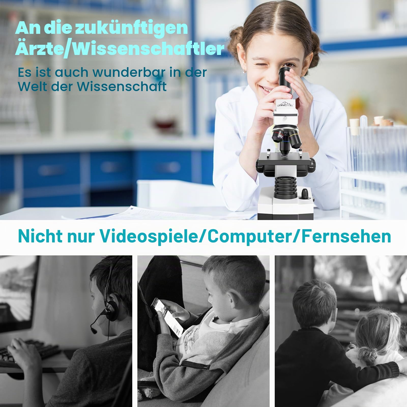 Mikroskop für Kinder Studenten, 200–2000x Vergrößerung, Stark, Biologisch, Bildungstechnisches Monokular Mikroskop mit Handyadapter, Fernauslöser, Tragetasche, Zubehör(10) und Objektträger(15)