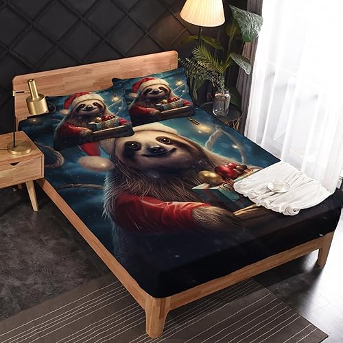 Miniatura 2 de zcsm Juego de sábanas tamaño California King, sábanas de perezoso, sábanas y fundas de almohada de animales de Navidad, microfibra suave, bolsillo
