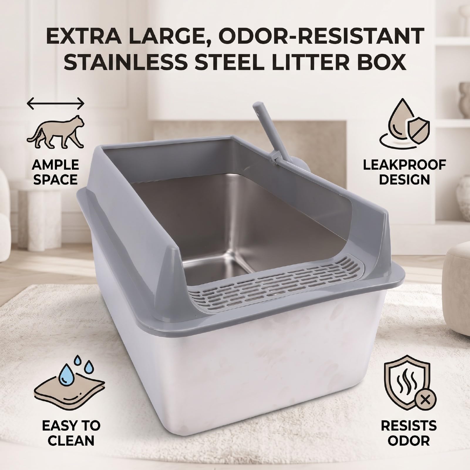 Luocute Bandeja de de Acero Inoxidable, Arenero Metálico Extra Grande con Laterales Altos de 20 Cm, Antiescape de Orina, Antiadherente, sin Olores, Fácil Limpieza, para Gatos Grandes,