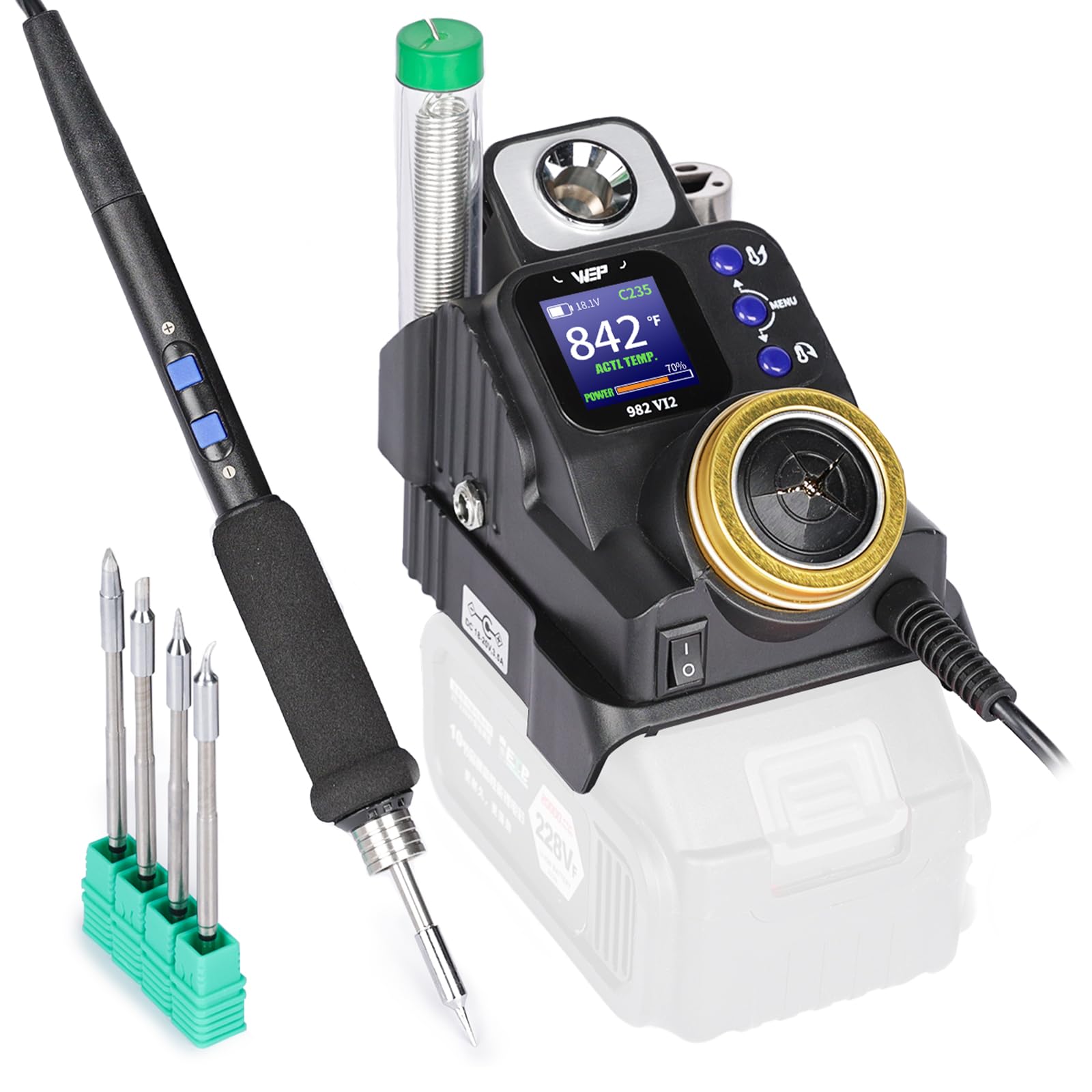 WEP 982-VI 2 Cordless Soldering Station for Makita 20V Battery Soldering Iron Kit with Integrated Holder, Tips Cleaner, °C-°F Conversion, Sleep Mode,