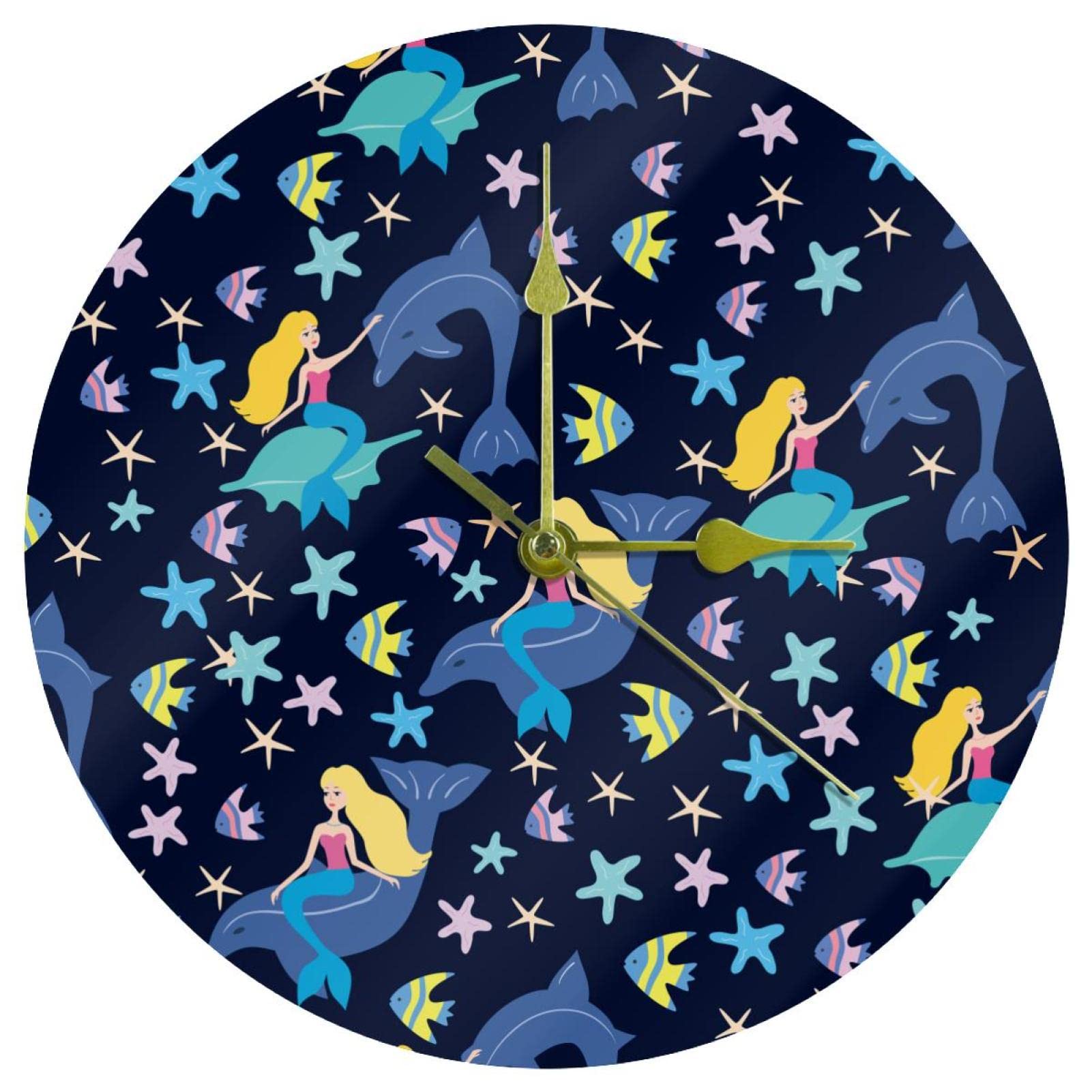 Horloge murale en acrylique dauphin et sirène ronde de 24 cm pour chambre d'enfant