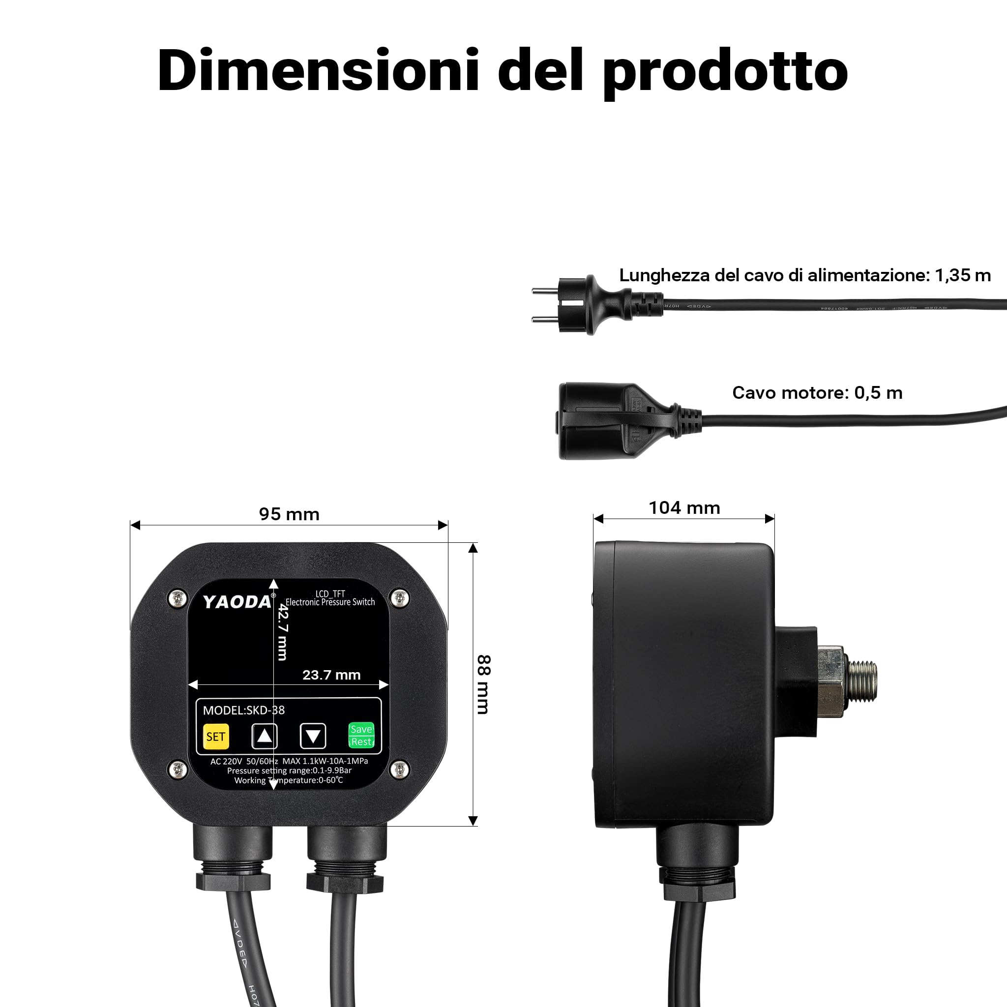 Wiltec Pressostato elettronico per impianti idrici domestici, pompe da giardino, pressostato con avvio/arresto automatico, protezione contro la mancanza d'acqua, sensore di pressione
