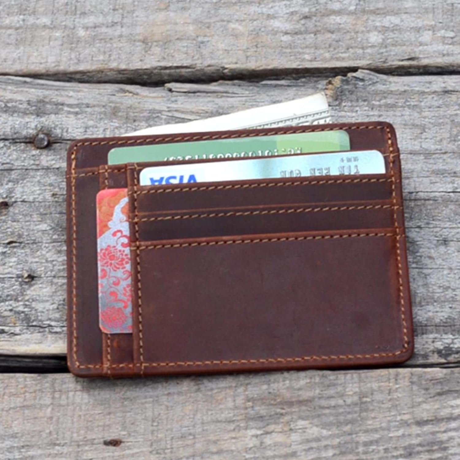 Genuine Vintage Leather Zipper Coin Minimalist Wallets for Men Leather Slim Front Pocket Wallet, Credit Card Case Holder (Brown) image 7 of 7 B0BC9M1ZRP