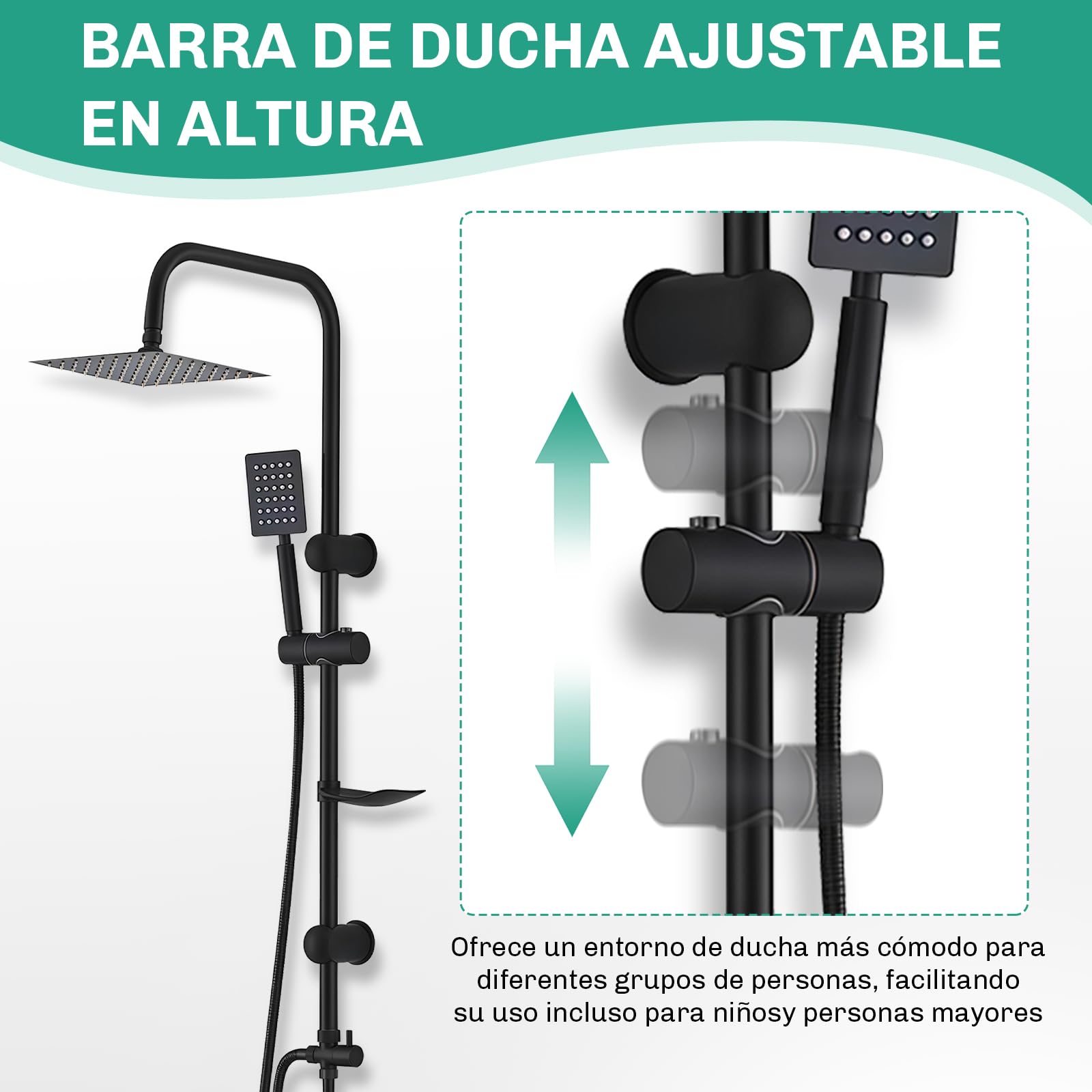 Columna Ducha Senza Miscelatore, Columna Ducha Completo con Rociador Ducha 20×20 cm Cuadrado y Ducha de Mano y Manguera, Regulable 92cm, Acero Inox, Negro