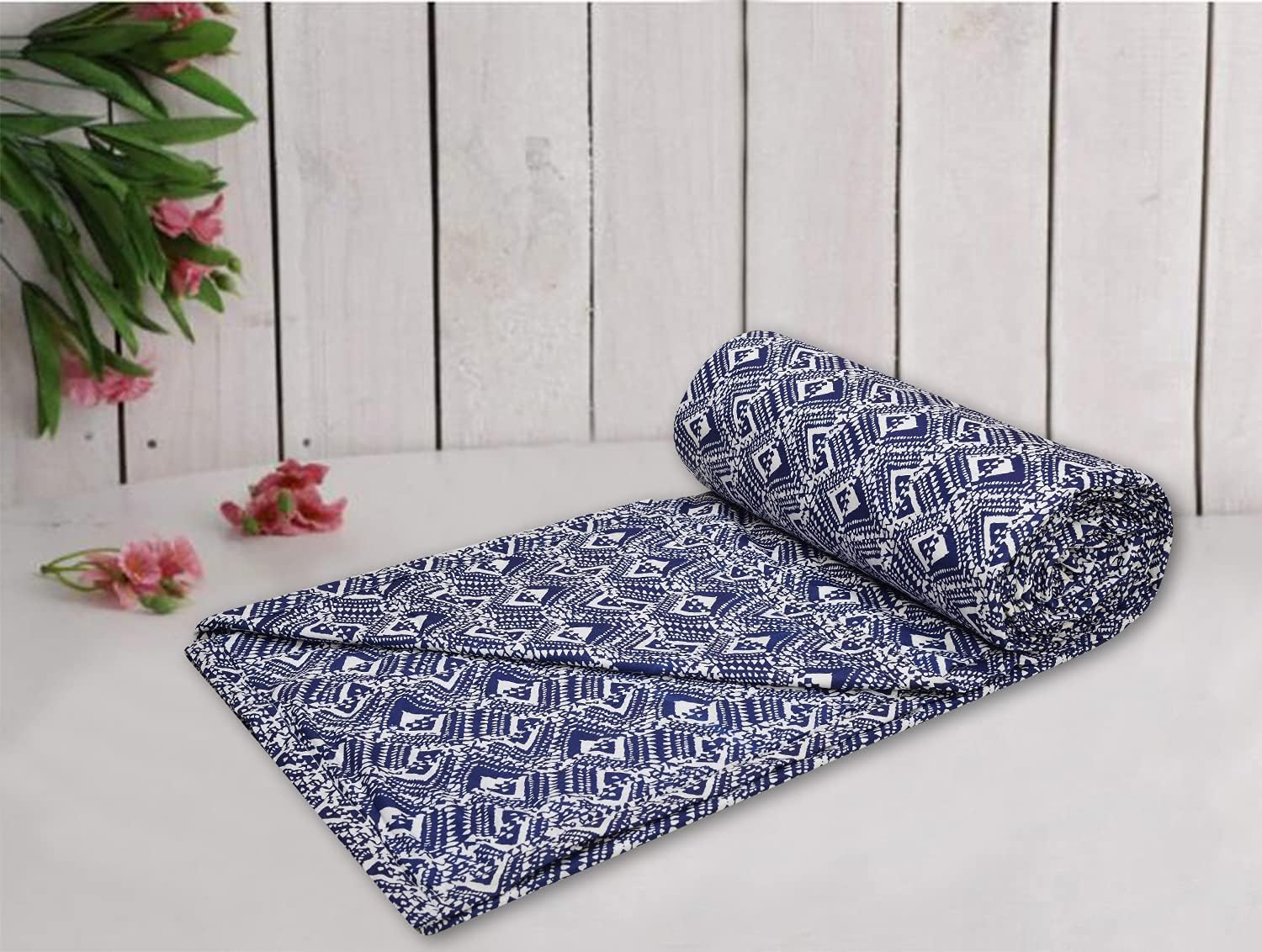 Trance Home Linen 150 GSM Pure Cotton Reversible Dohar Double Bed Size | AC Blanket Comforter | Soft Light-Weight Bed Blanket (84 x 88 inch, Navy Blue Abstract) - Pack of 1 Festive Gifting