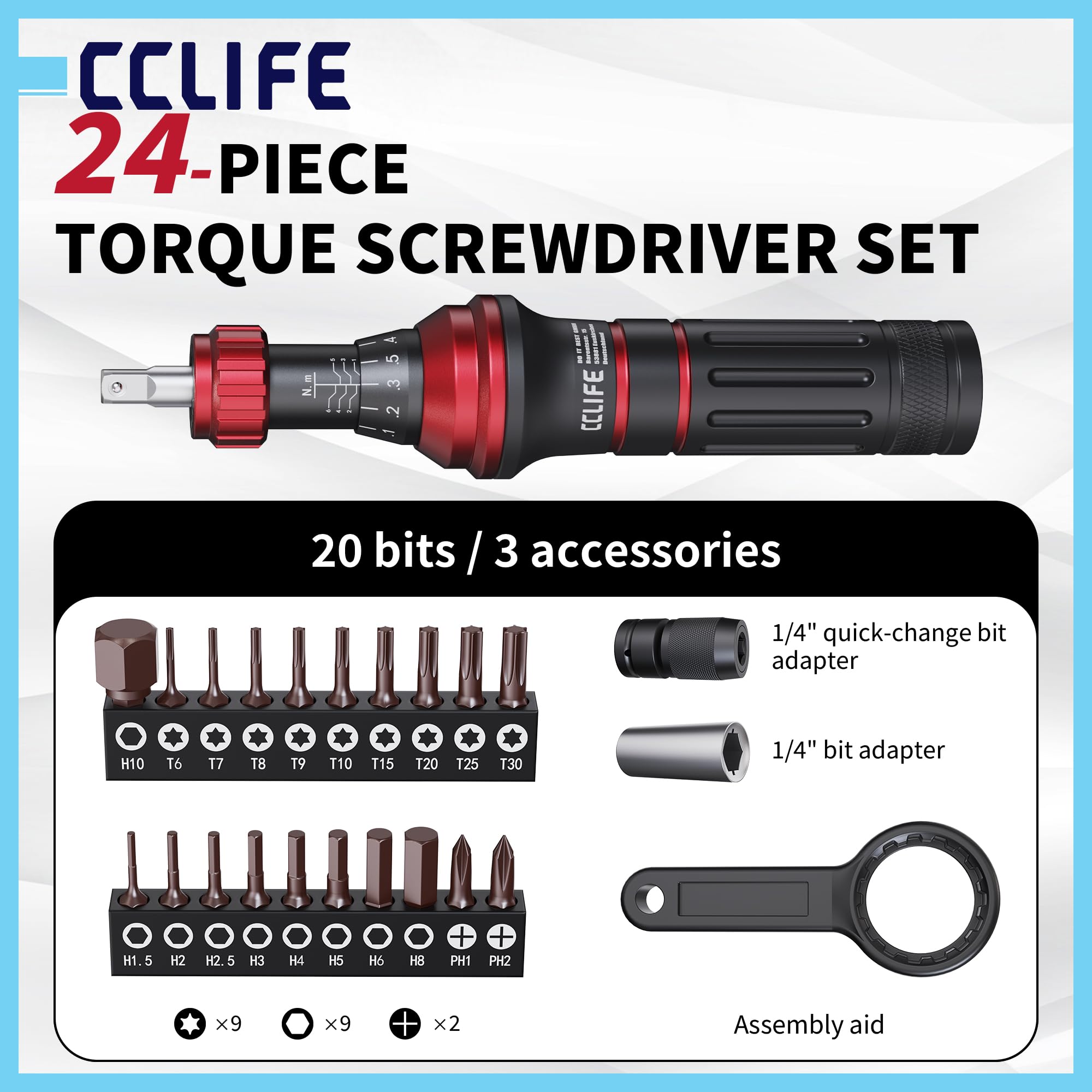 CCLIFE Zestaw wkrętaków dynamometrycznych 1/4 cala – regulowany 1-6 Nm, mechaniczny, 20 bitów + 3 akcesoria, do roweru, elektroniki i majsterkowiczów