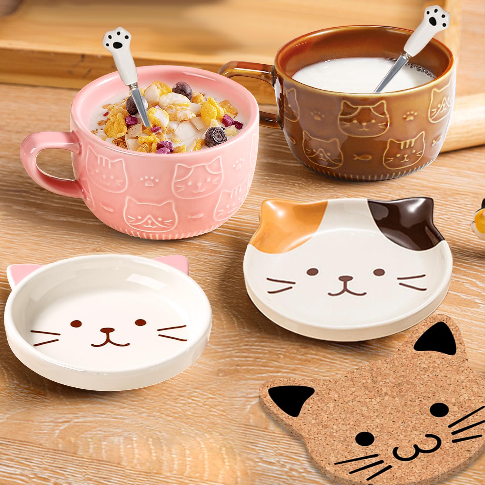 Regalos para mujeres,tazas de café Kawaii de gato rosa con tapas,regalos de cumpleaños de Navidad para niñas,amigos,mamá, taza de té de cerámica de animales novedosos,juego de platillos de postre
