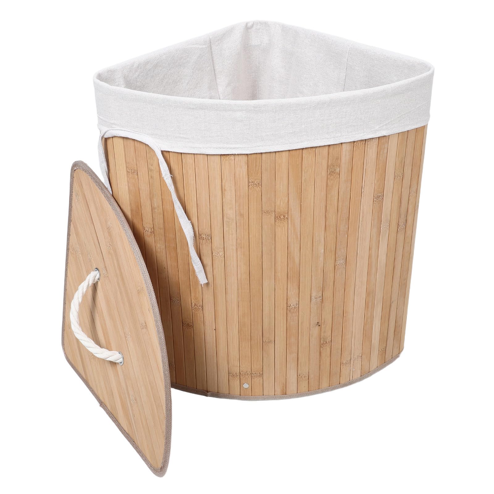 Cesto Biancheria Triangolare in Bambù con Coperchio e Manico | Fodera Rimovibile, Angolo Bagno e Camera, Superficie Liscia e Pulibile, Colore Beige