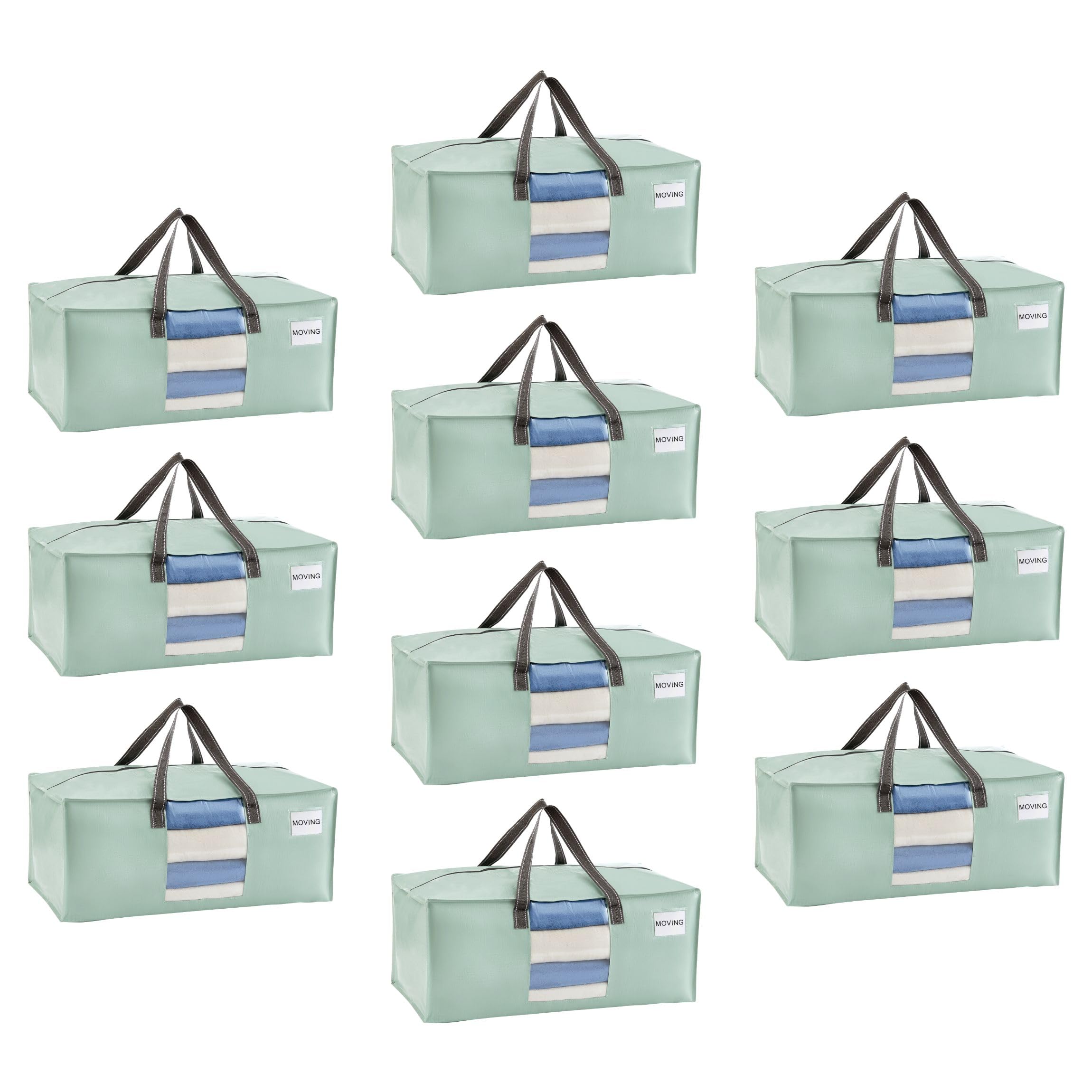 VENO 10 Pack Moving Bags Extra Large Storage Bags for College Move-In, Heavy-Duty Storage Totes, Packing Boxes, and Wardrobe Moving Supplies - Durable Laundry Bags for Clothes (Light Green, 10 Pack)
